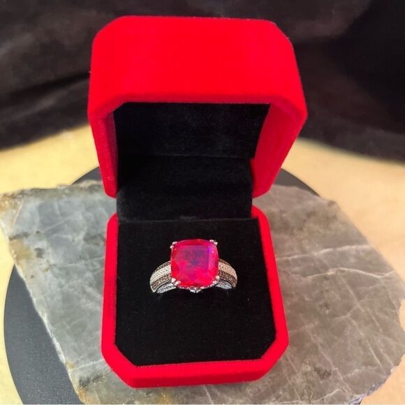 Stunning Volcanic Quartz, Lotus Garnet, White & Chocolate Zircon Platinum Ring 8 - Picture 2 of 16